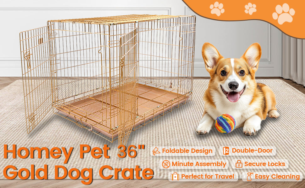24/30/36/42in Copper Gold Dog Crate, Portable Folding Metal Wire